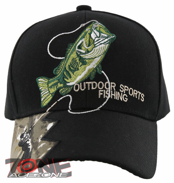 NEW! FISH BASS OUTDOOR SPORT FISHING BALL CAP HAT BLACK –