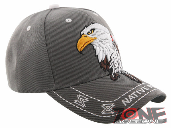 NATIVE PRIDE INDIAN AMERICAN FEATHERS BIG EAGLE CAP HAT ALL GRAY