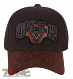 DEER HUNTING FAUX VISOR LEATHER BASEBALL CAP HAT BROWN