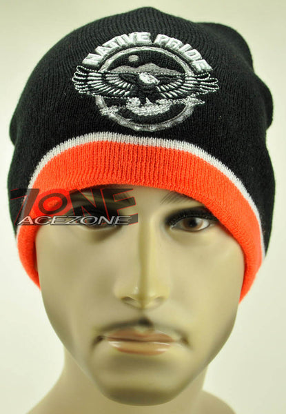 NEW ROUND NATIVE PRIDE EAGLE FEATHER BEANIE KNIT CAP SKULL WN ORANGE