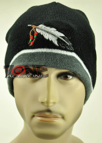 NEW NATIVE PRIDE BIG FEATHER BEANIE KNIT CAP SKULL WN GRAY