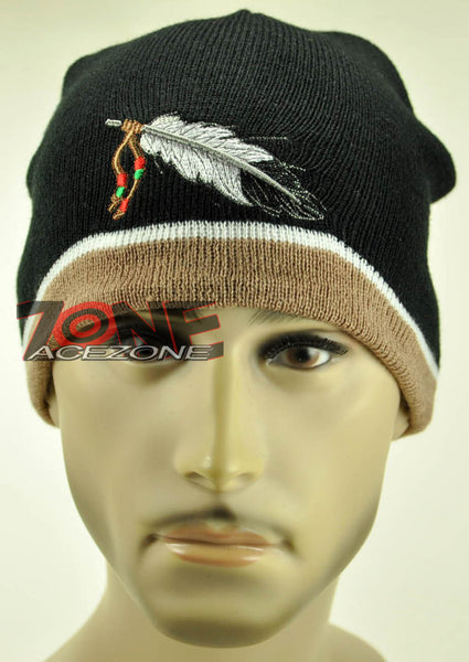 NEW NATIVE PRIDE BIG FEATHER BEANIE KNIT CAP SKULL WN KHAKI