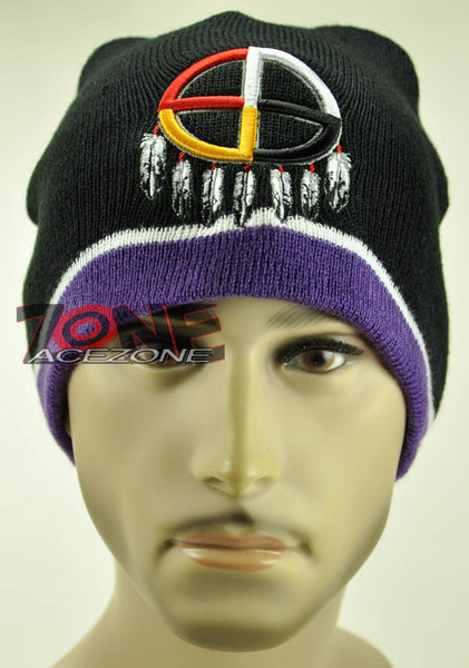 NEW NATIVE PRIDE WHEEL HOOP INDIAN FEATHER BEANIE KNIT CAP SKULL WN PURPLE