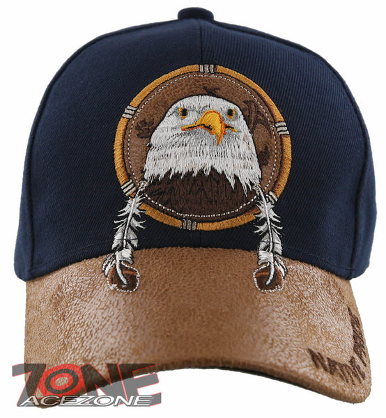 NEW! NATIVE PRIDE EAGLE FEATHERS FAUX LEATHER BASEBALL CAP HAT NAVY