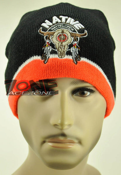 NEW NATIVE PRIDE AMERICAN BULL SKULL BEANIE KNIT CAP SKULL WN ORANGE