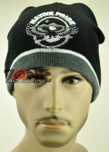 NEW ROUND NATIVE PRIDE EAGLE FEATHER BEANIE KNIT CAP SKULL WN GRAY