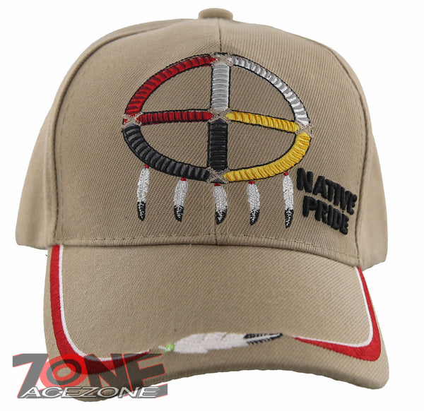 NATIVE PRIDE MEDICINE WHEEL HOOP FEATHER CAP HAT TAN