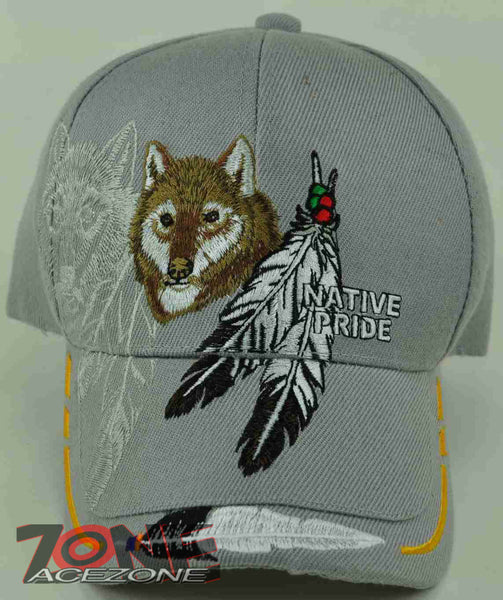 NEW! NATIVE PRIDE WOLF FEATHERS CAP HAT GRAY