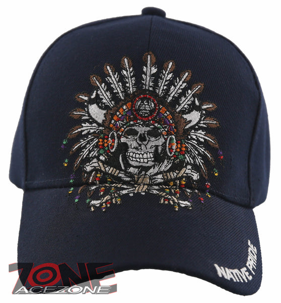 NEW! NATIVE PRIDE HONOR CHIEF SKULL HEAD CAP HAT NAVY