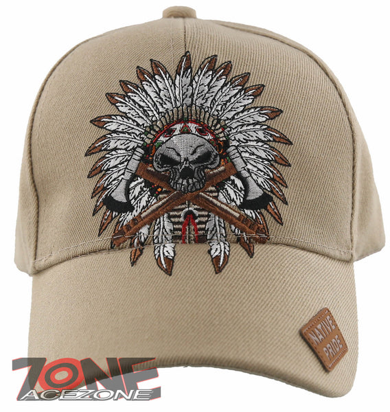 NEW! NATIVE PRIDE HONOR AXE CHIEF SKULL HEAD BASEBALL CAP HAT TAN