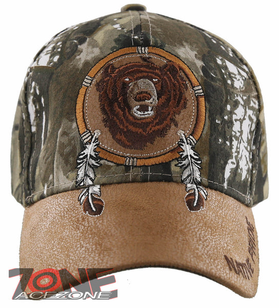 NEW! NATIVE PRIDE BEAR FEATHERS FAUX LEATHER BASEBALL CAP HAT CAMO