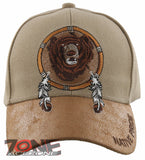 NEW! NATIVE PRIDE BEAR FEATHERS FAUX LEATHER BASEBALL CAP HAT TAN