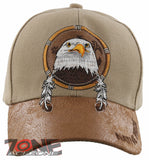 NEW! NATIVE PRIDE EAGLE FEATHERS FAUX LEATHER BASEBALL CAP HAT TAN