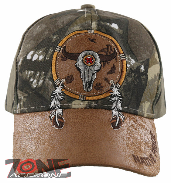 NEW! NATIVE PRIDE BUFFALO SKULL FEATHERS FAUX LEATHER BASEBALL CAP HAT CAMO