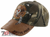 NEW! NATIVE PRIDE BUFFALO SKULL FEATHERS FAUX LEATHER BASEBALL CAP HAT CAMO