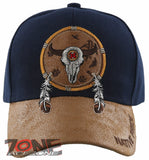 NEW! NATIVE PRIDE BUFFALO SKULL FEATHERS FAUX LEATHER BASEBALL CAP HAT NAVY