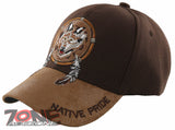 NEW! NATIVE PRIDE WOLF FEATHERS FAUX LEATHER BASEBALL CAP HAT BROWN