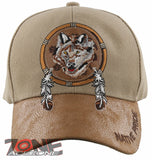 NEW! NATIVE PRIDE WOLF FEATHERS FAUX LEATHER BASEBALL CAP HAT TAN