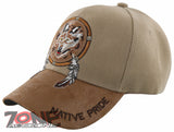 NEW! NATIVE PRIDE WOLF FEATHERS FAUX LEATHER BASEBALL CAP HAT TAN