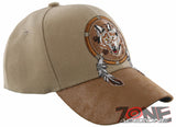 NEW! NATIVE PRIDE WOLF FEATHERS FAUX LEATHER BASEBALL CAP HAT TAN