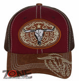 NEW! COW SKULL BULL HEAD RODEO HORSE SHOE STAR TRUCKER BASEBALL CAP HAT BURGUNDY